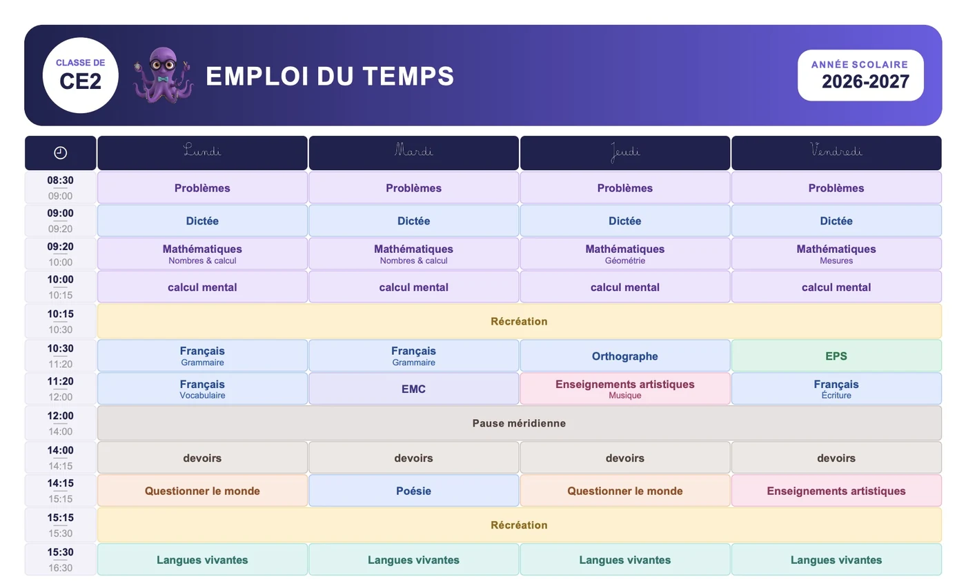Emploi du temps exporté : la grille illustrée de la semaine, avec les volumes horaires officiels