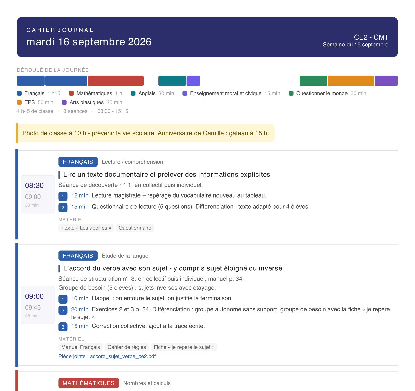 Cahier journal exporté en PDF